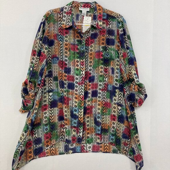New Peck & Peck size XL Colorful Boho Print Rolled Sleeve Relaxed Button Down - Picture 1 of 7